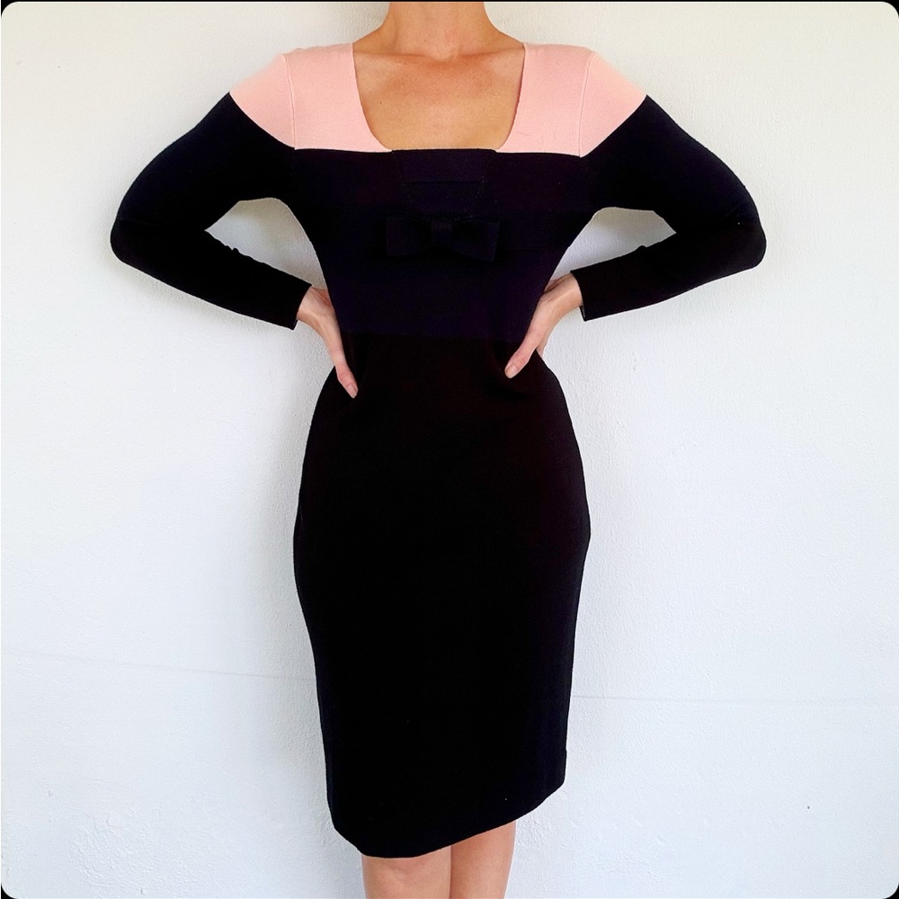 Sonia Rykiel blush navy black color block wool knit bow sweater dress size 40